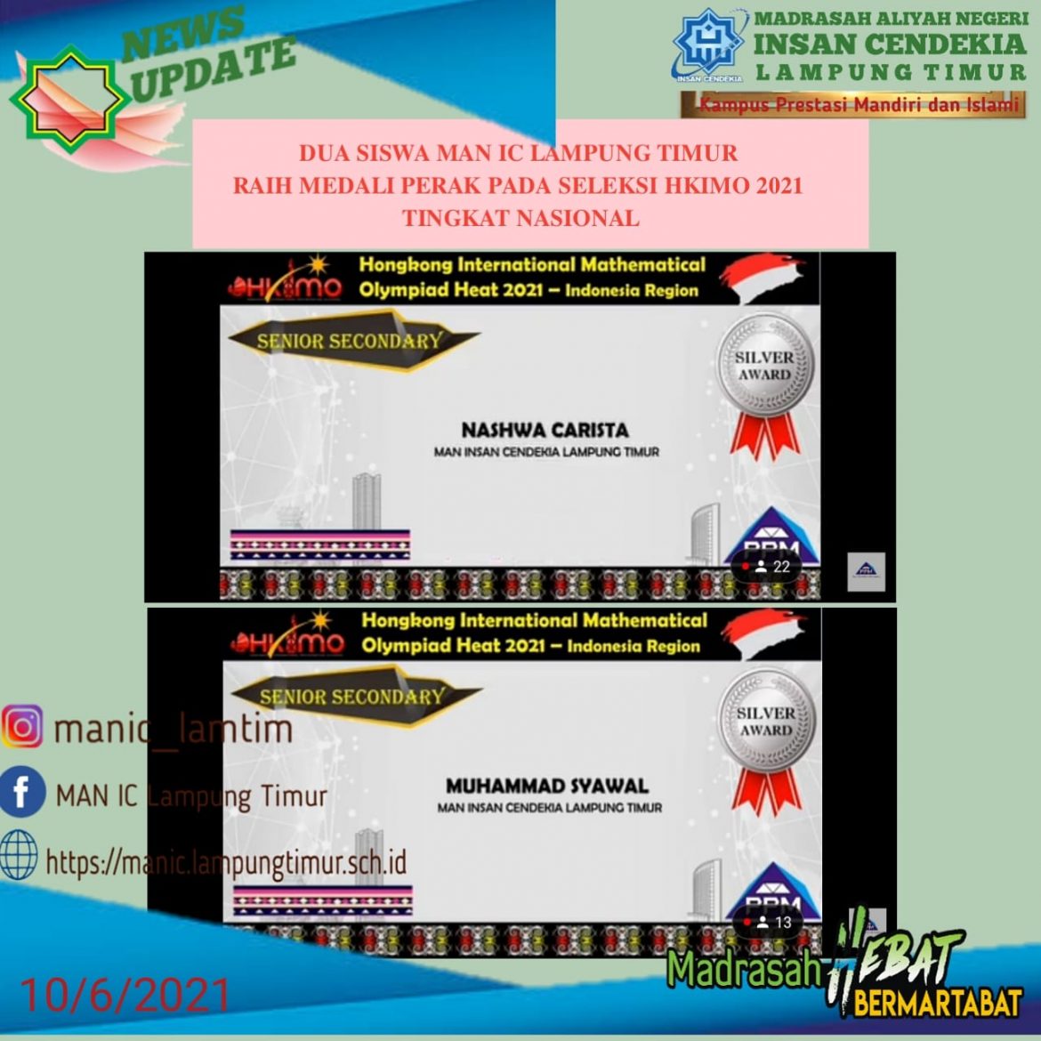 Dua Siswa Man Ic Lampung Timur Raih Medali Perak Pada Seleksi HKIMO 2021 Tingkat Nasional