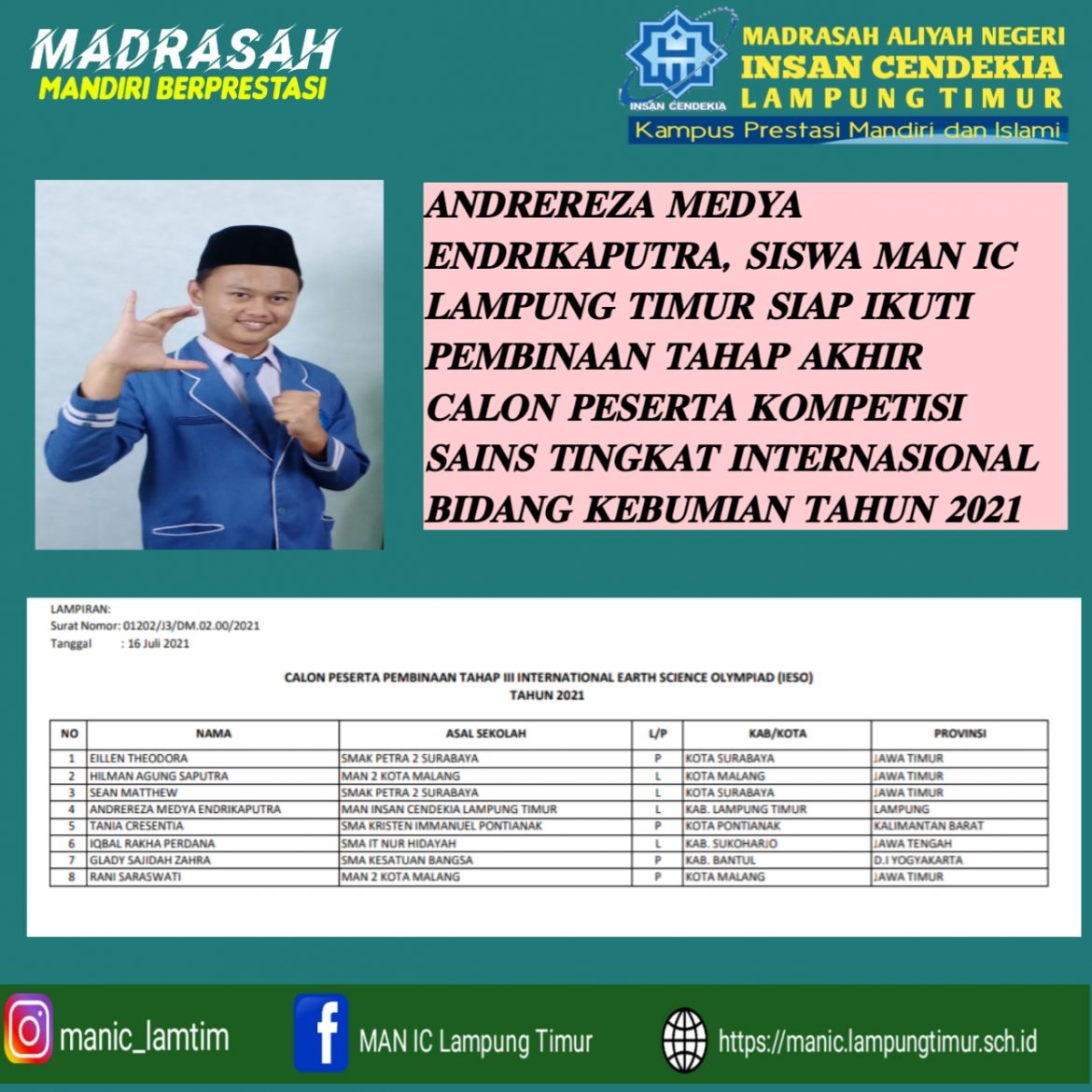 Andrereza Medya Endrikaputra, Siswa MAN IC Lampung Timur Siap Ikuti Pembinaan Tahap Akhir Calon Peserta Kompetisi Sains Tingkat Internasional Bidang Kebumian Tahun 2021