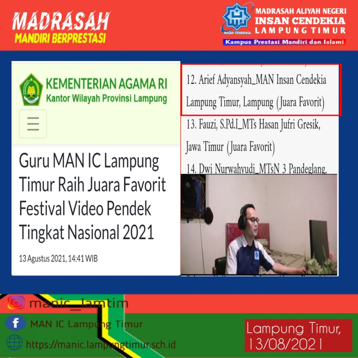 Guru MAN IC Lampung Timur Raih Juara Favorit Festival Video Pendek Tingkat Nasional 2021