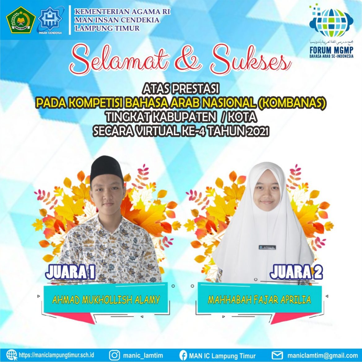 Dua Siswa MAN IC Lampung Timur Raih Juara Kompetisi Bahasa Arab Nasional (Kombanas) ke-4 Tingkat Kab. Lampung Timur