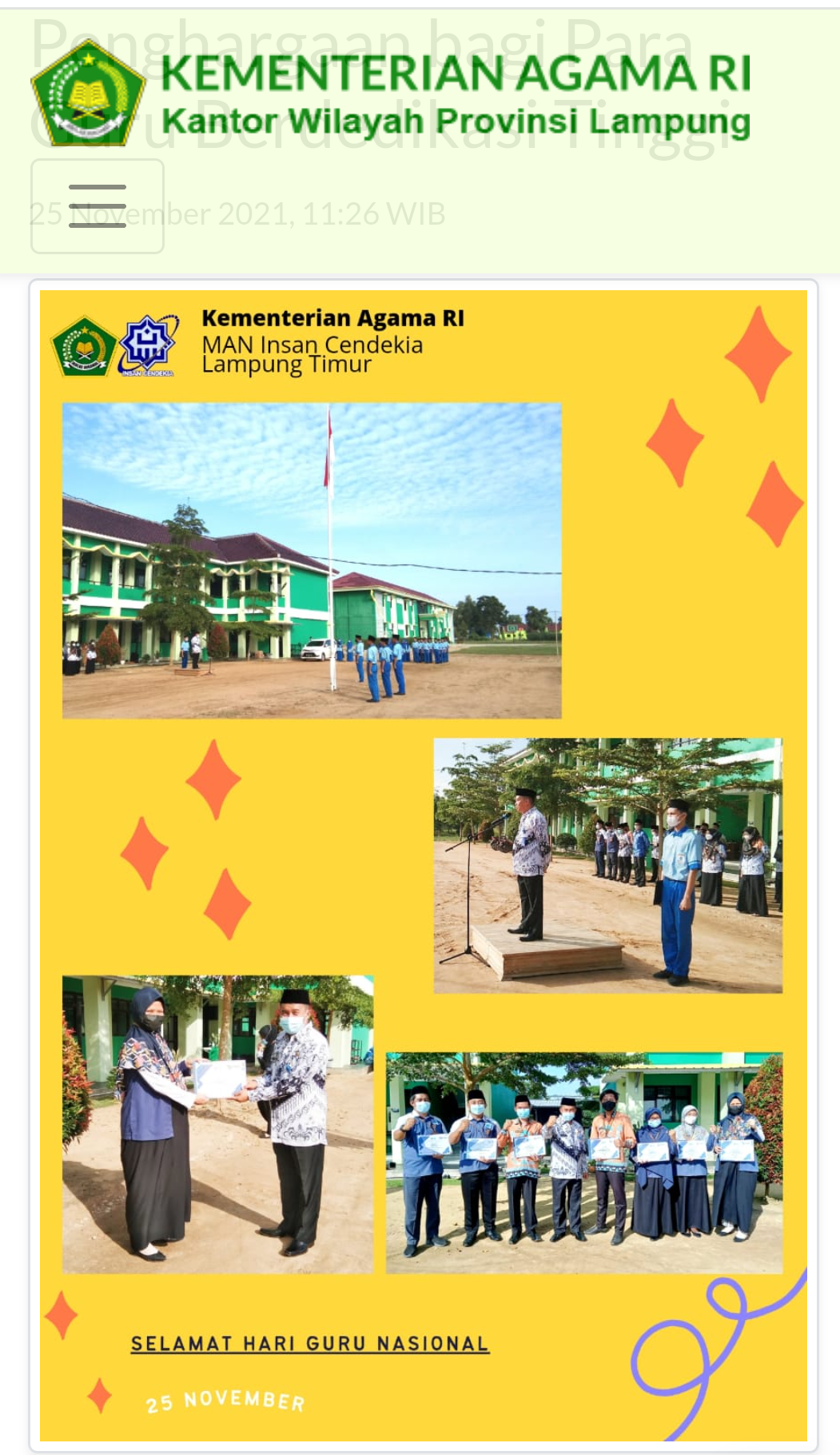 Peringati Hari Guru Nasional 2021, MAN IC Lampung Timur Laksanakan Upacara Sekaligus Pemberian Penghargaan bagi Para Guru Berdedikasi Tinggi