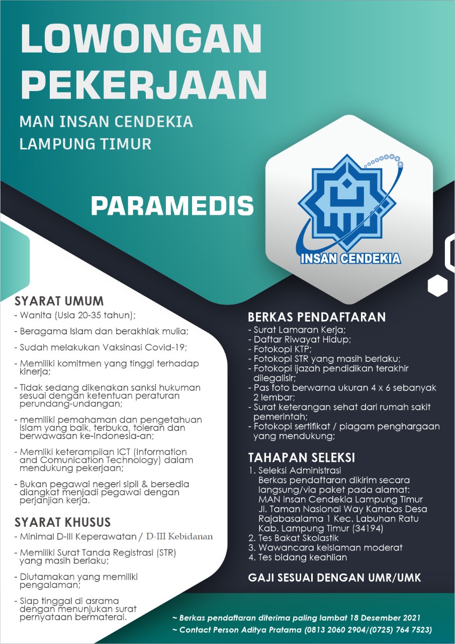 Pengumuman Seleksi Penerimaan Paramedis MAN IC Lampung Timur 2021