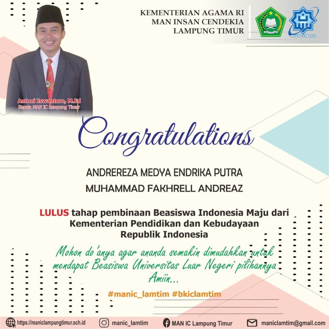 Dua Siswa MAN IC Lampung Timur Lulus Tahap Pembinaan Beasiswa Indonesia Maju