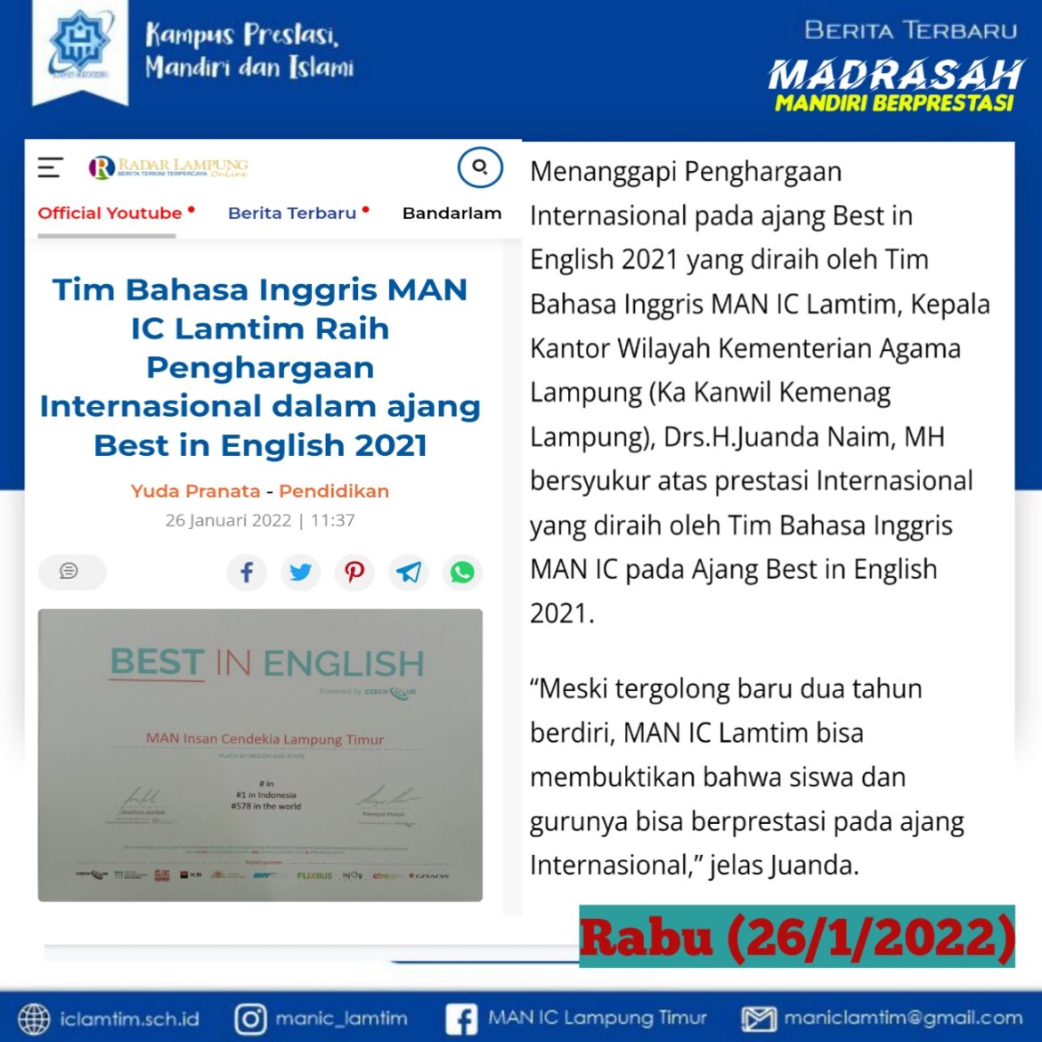 Tim Bahasa Inggris MAN IC Lamtim raih Penghargaan Internasional dalam ajang Best in English 2021