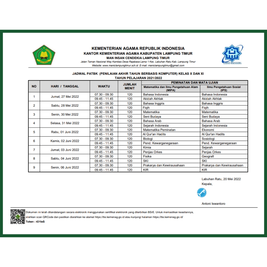 Jadwal PATBK Kelas X dan XI MAN IC Lampung Timur Tahun Pelajaran 2021/2022
