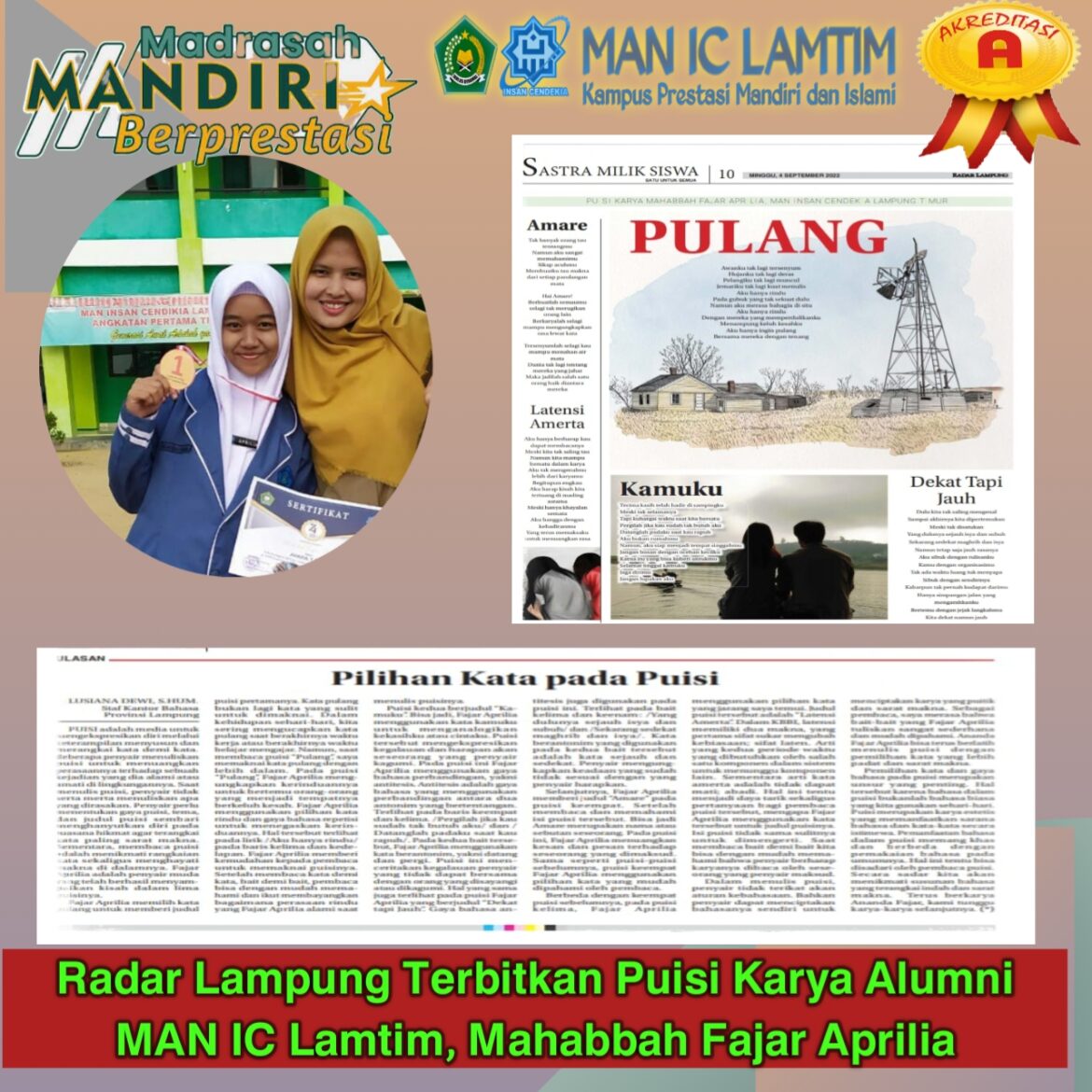 Mahabbah Fajar Aprilia, Alumni MAN IC Lamtim, Puisi Karyanya Terbit di Radar Lampung
