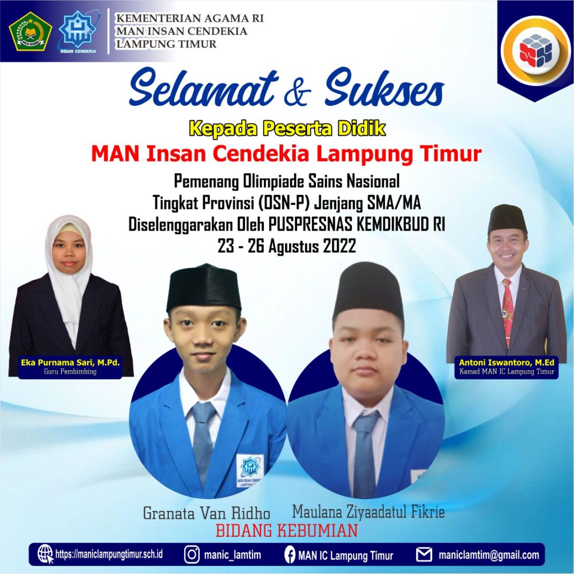 Raih Juara OSN Provinsi Tahun 2022, Dua Siswa MAN IC Lamtim Melaju Ke Tingkat Nasional
