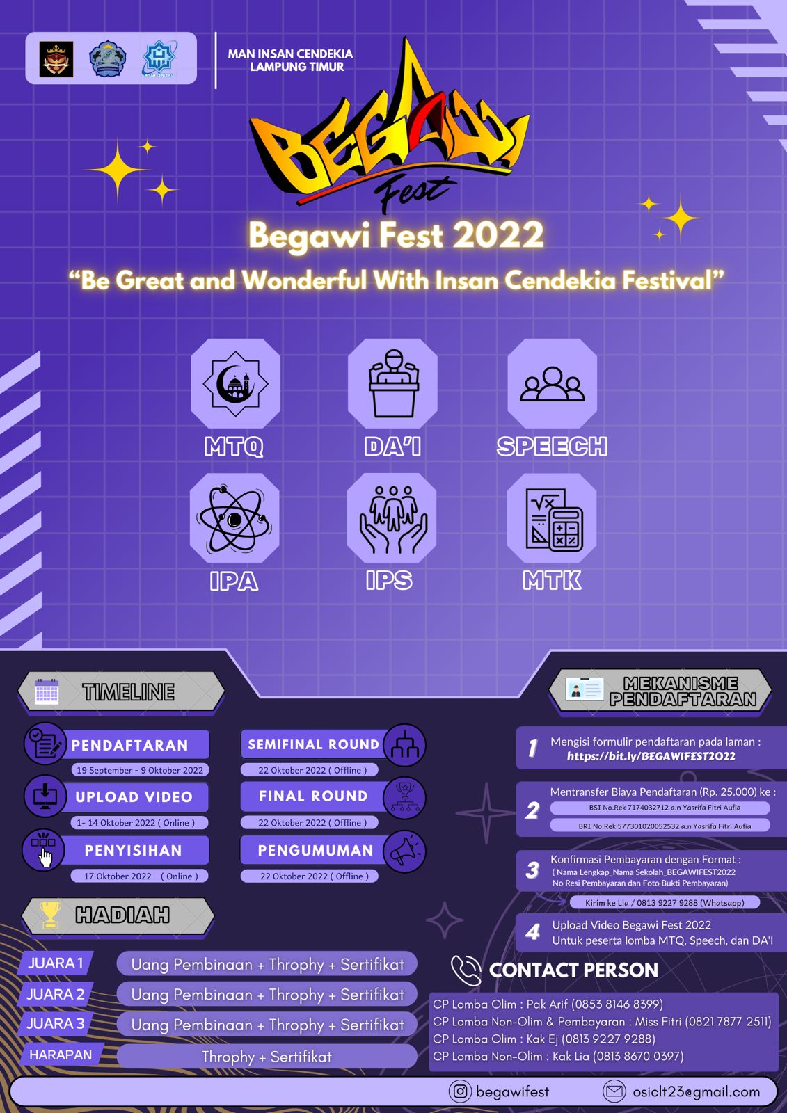 Pelajar SMP/MTs Sederajat, Yuk Ikuti Begawi Fest 2022 “Be Great And Wonderful With Insan Cendekia Festival
