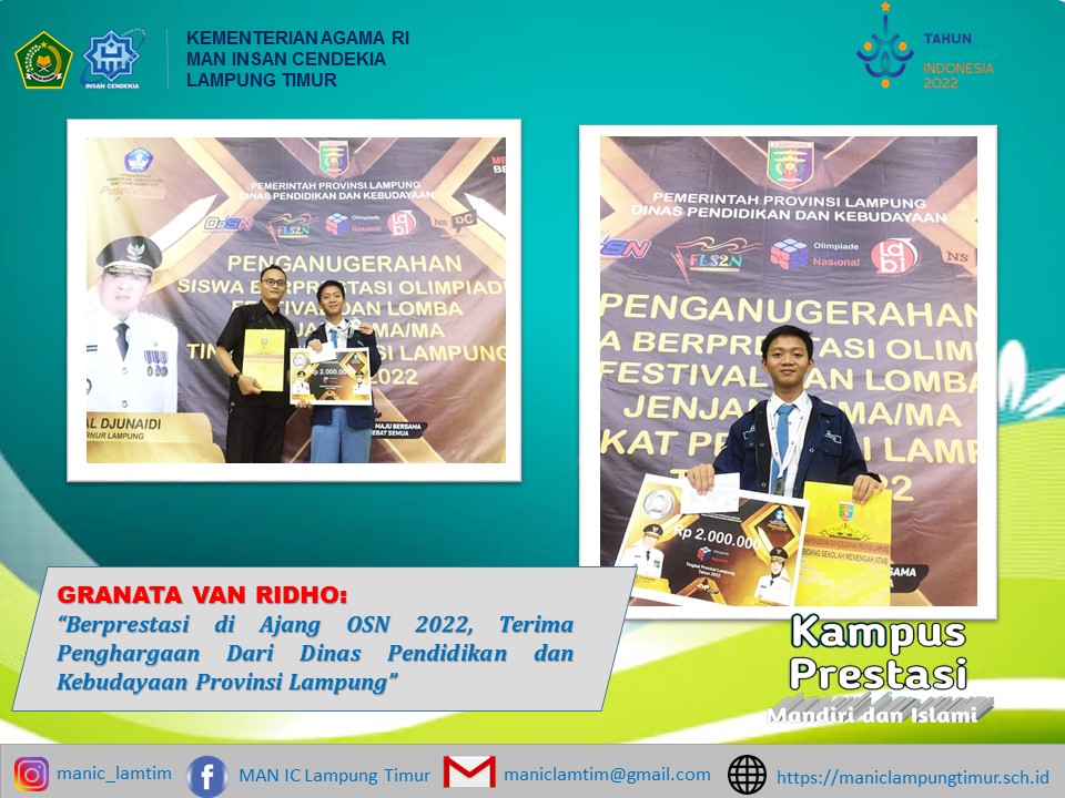Berprestasi Di Ajang OSN 2022, Granata Van Ridho Terima Penghargaan Dari Dinas Pendidikan dan Kebudayaan Provinsi Lampung