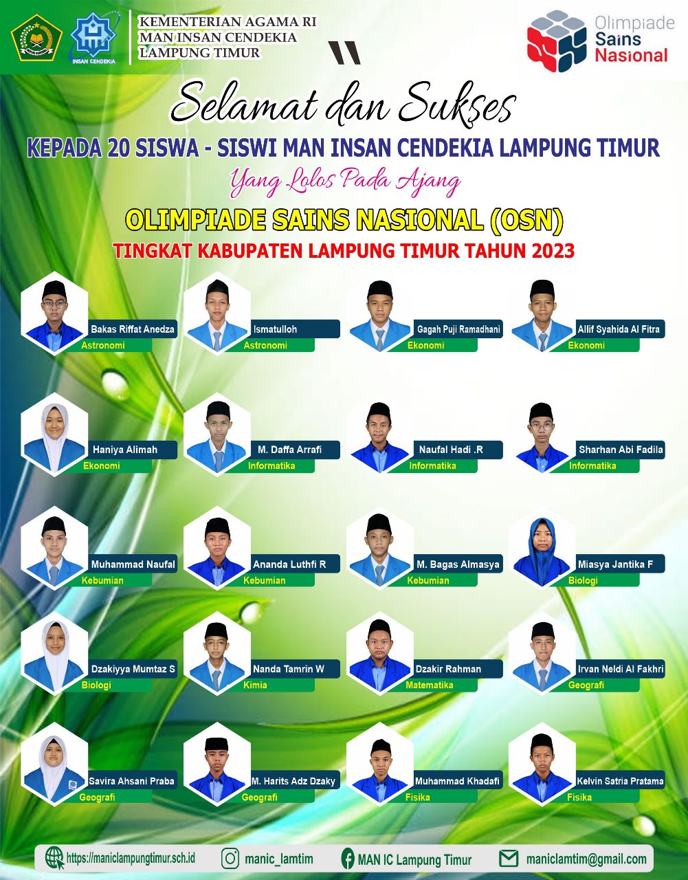 20 Delegasi MAN IC Lamtim Lolos OSN-K Melaju OSN Tingkat Provinsi 2023