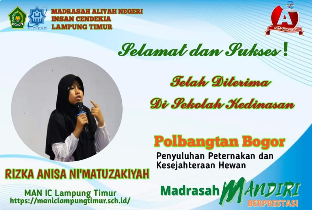 Rizka Alumni Angkatan 2 MAN IC Lamtim Diterima Di Sekolah Kedinasan Polbangtan Bogor