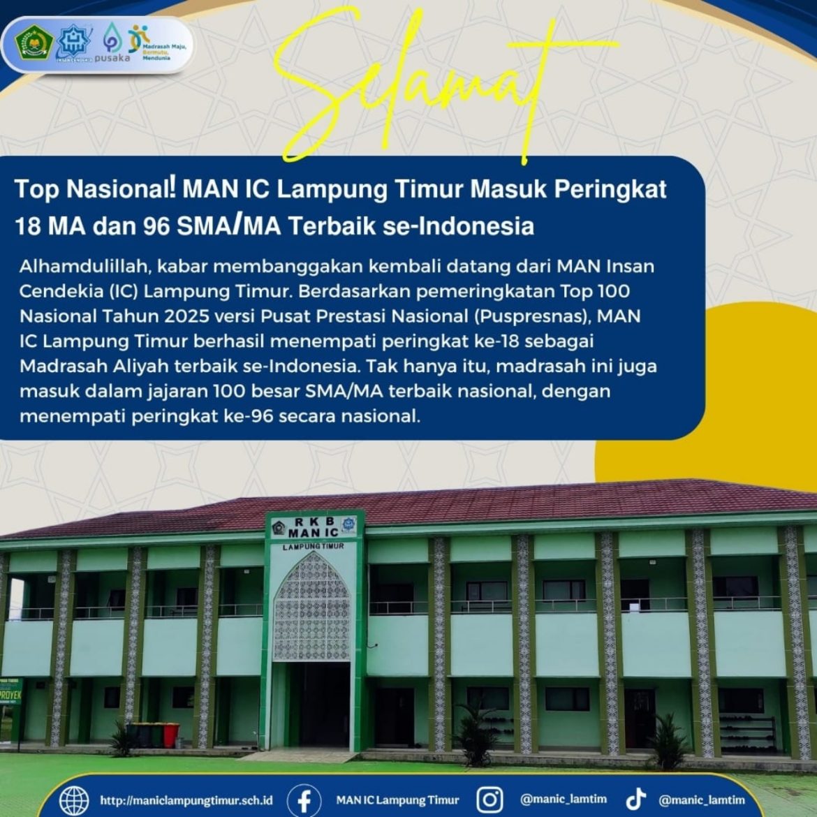 Top Nasional! MAN IC Lampung Timur Masuk Peringkat 18 MA dan 96 SMA/MA Terbaik se-Indonesia