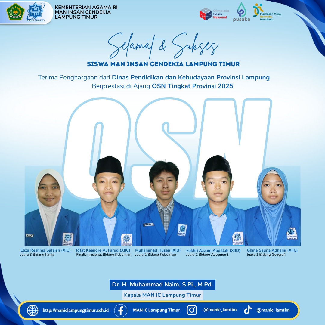 Berprestasi di Ajang OSN-P 2025, Lima Peserta Didik MAN IC Lampung Timur Terima Penghargaan dari Dinas Pendidikan dan Kebudayaan Provinsi Lampung