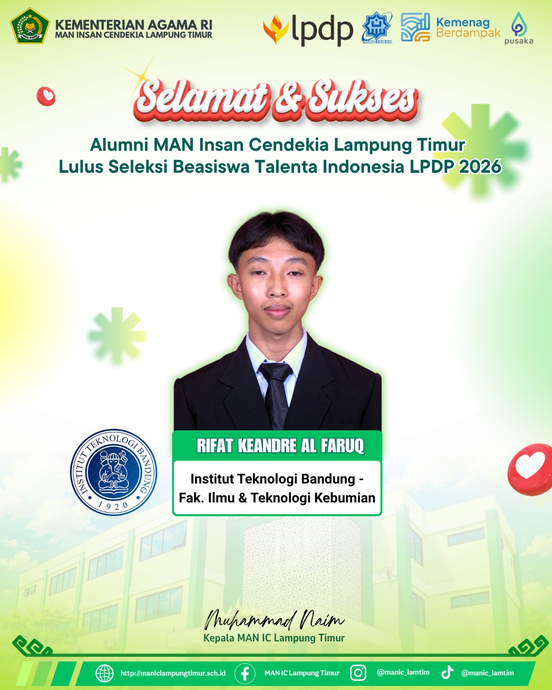 Rifat Keandre Al Faruq, Alumni MAN IC Lampung Timur Raih Beasiswa Talenta Indonesia LPDP 2026