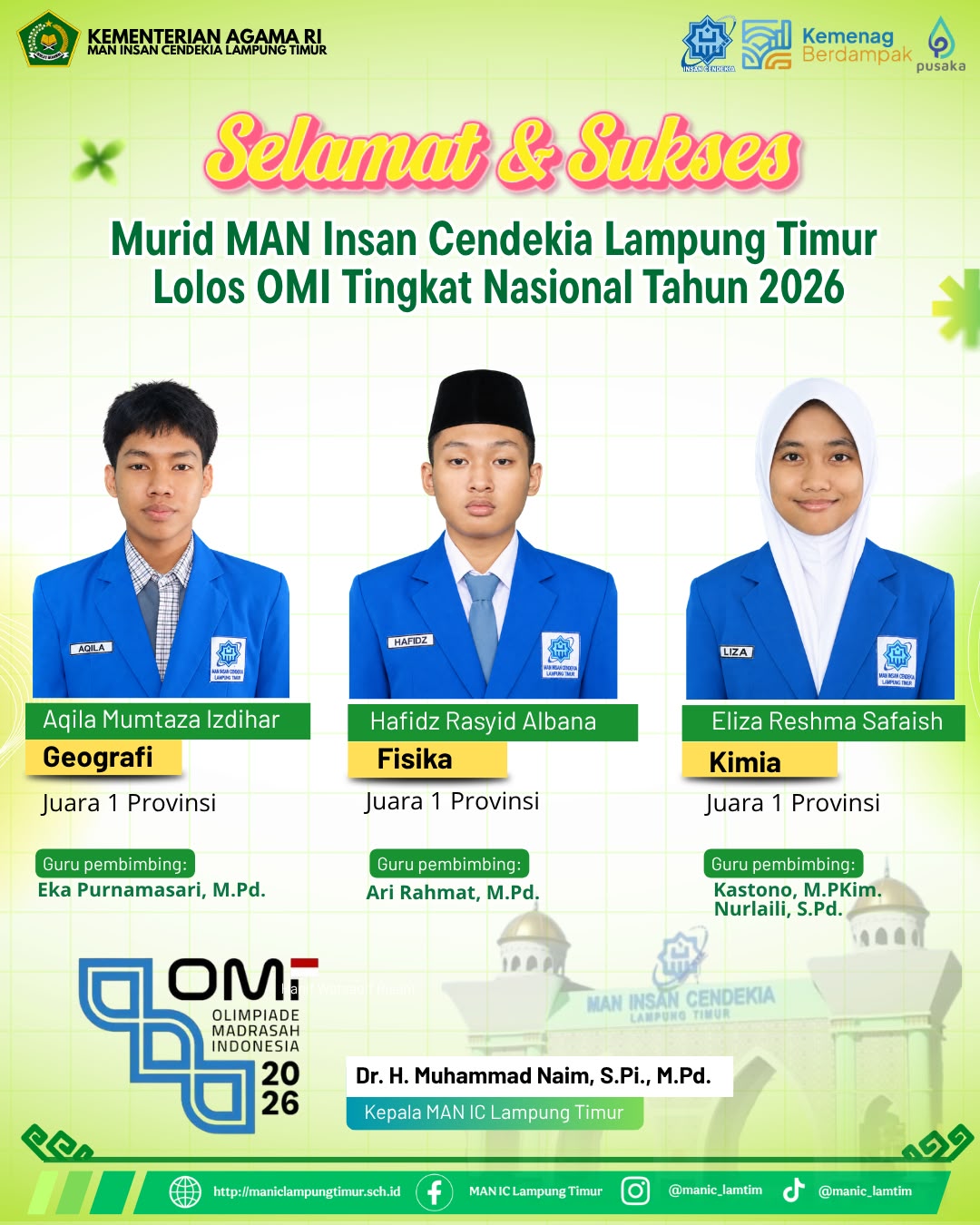 Raih Juara 1 OMI Provinsi, Tiga Murid MAN IC Lampung Timur Melaju ke Tingkat Nasional